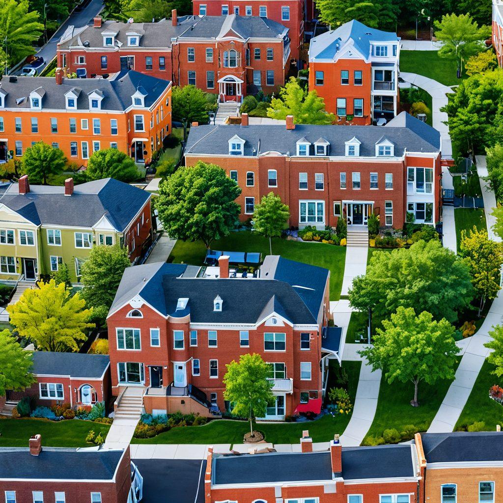 A vibrant collage showcasing a variety of housing styles in Somerville, ranging from cozy affordable apartments to luxurious modern homes. Incorporate elements of green spaces, people enjoying their surroundings, and a subtle skyline in the background that reflects the town's diversity. The scene should feel welcoming and dynamic, emphasizing community and choice. bright colors. 3D illustration.