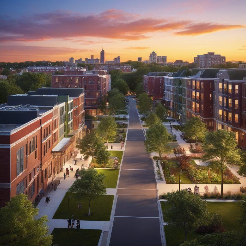 A vibrant skyline of Somerville showcasing a mix of modern condominiums and stylish apartments, with lush green parks in the foreground and people enjoying life. A warm sunset casts a golden hue over the buildings, creating a welcoming atmosphere. Incorporate icons of home, community, and leisure to symbolize exploration and comfort. super-realistic. vibrant colors. sunset background.