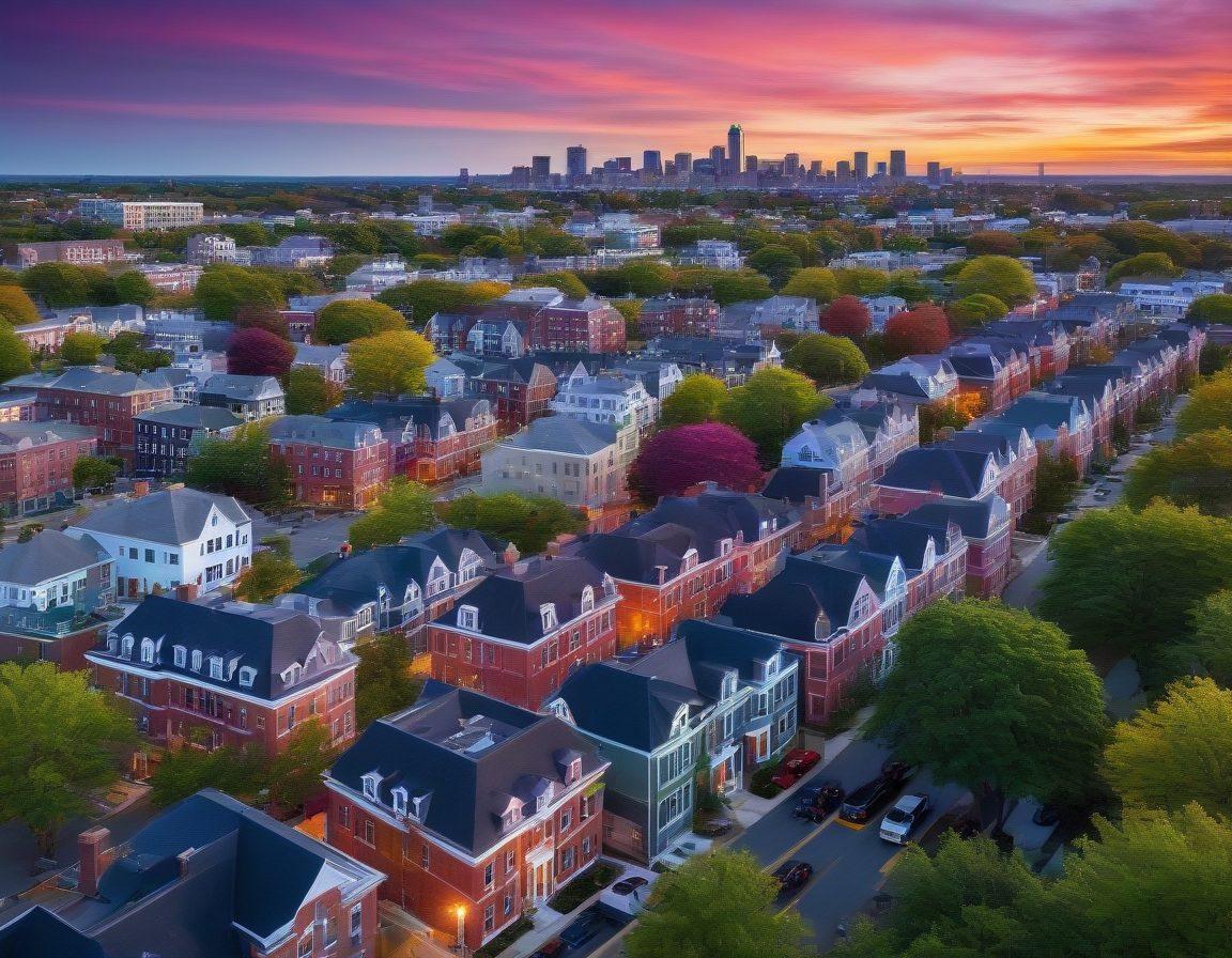 A stunning aerial view of Somerville showcasing a mix of historic buildings and modern condos, with green parks and bustling streets filled with happy residents. The skyline includes iconic landmarks and a vibrant sunset casting warm hues over the city. Incorporate elements of real estate, such as 'For Sale' signs and graphs subtly merged into the background. super-realistic. vibrant colors. aerial perspective.